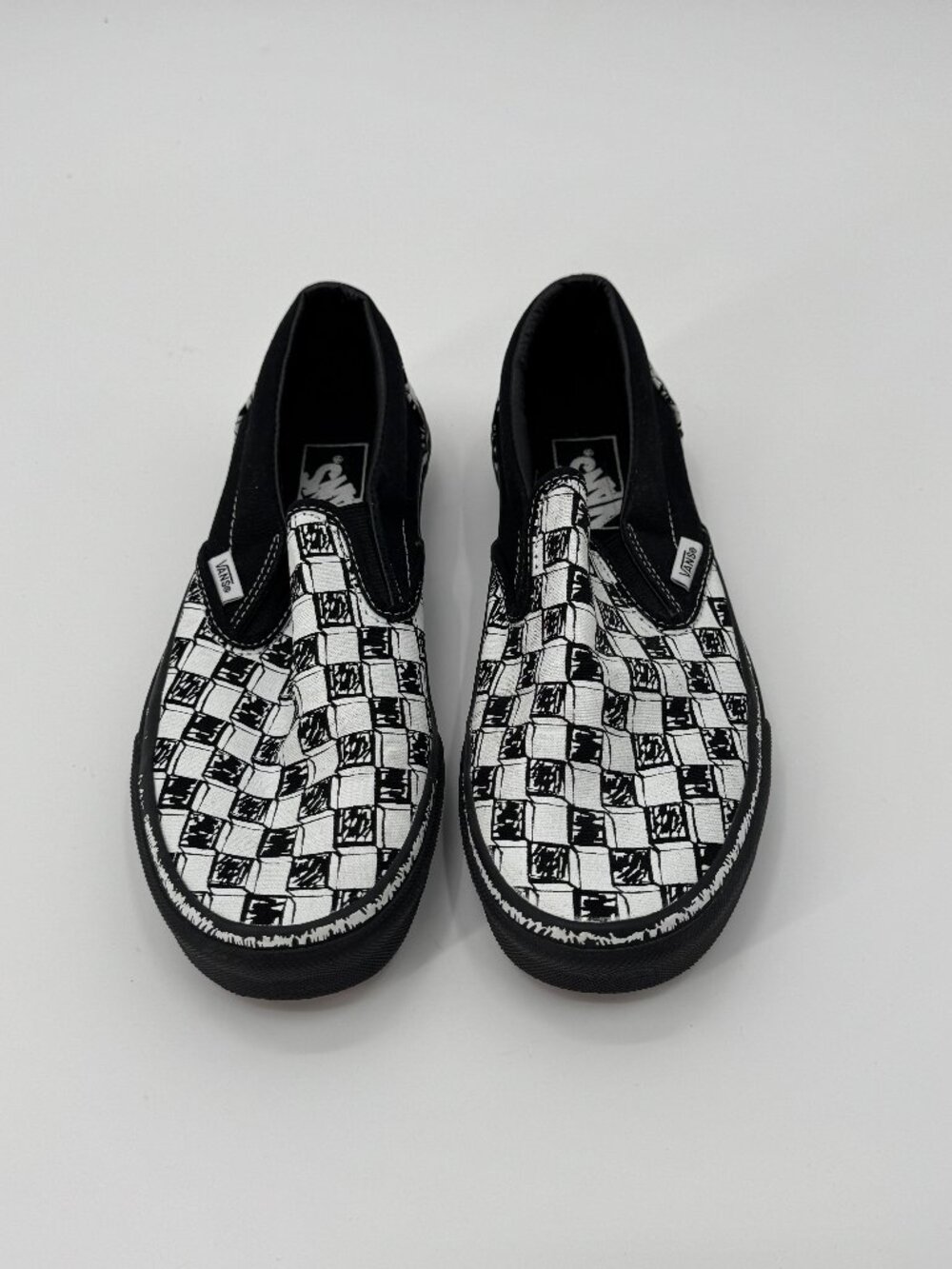 Vans Classic Slip On Sketch 3D Checkerboard Shoes Mens 6.5 Womens 8 Black White